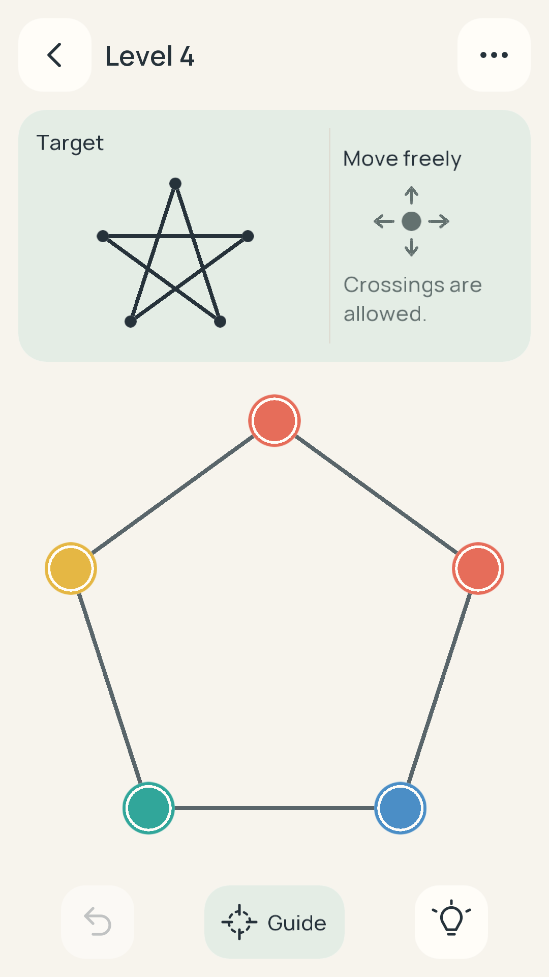 Retangle gameplay: an unsolved five-dot pentagon below a separate star-shaped target, with Undo and hint controls.
