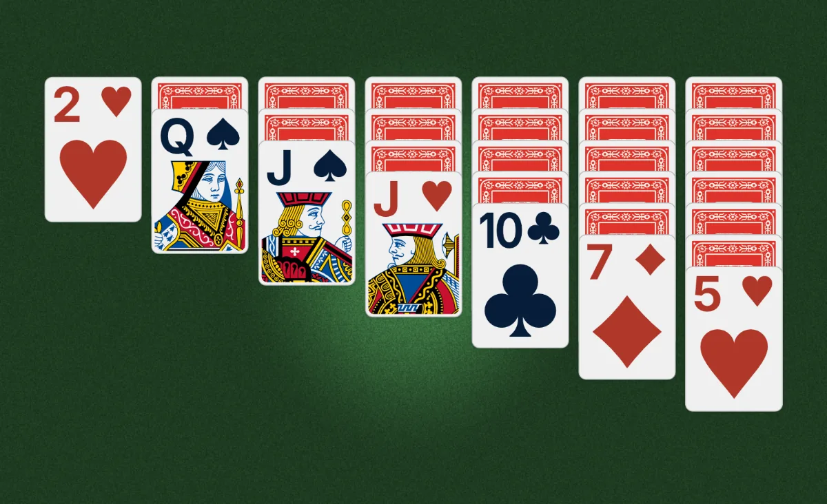 A Klondike opening deal with seven columns of the game's classic red-backed cards.